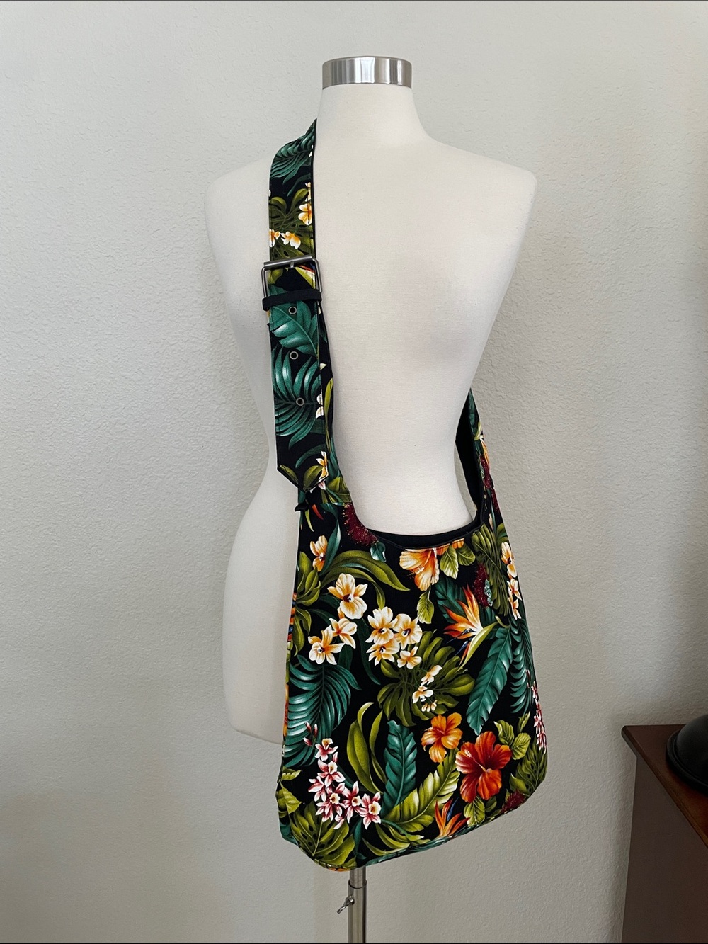 Tropical Floral Crossbody Bag - Black with Green Leaves